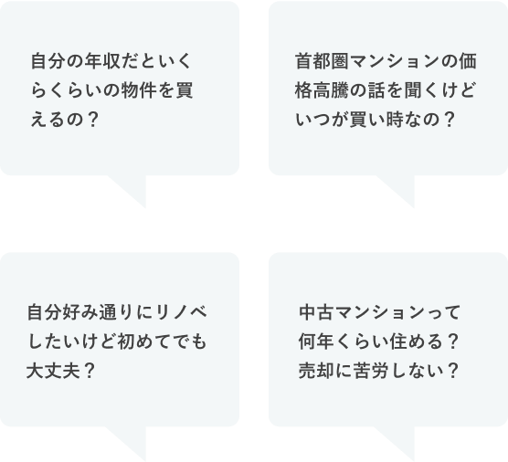 自分の年収だといくらくらいの物件を買えるの？首都圏マンションの価格高騰の話を聞くけどいつが買い時なの？自分好み通りにリノベしたいけど初めてでも大丈夫？中古マンションって何年くらい住める？売却に苦労しない？
